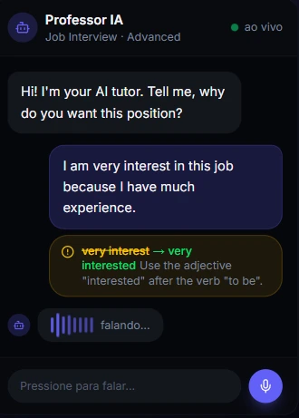 Professor IA conversation example showing real-time grammar correction